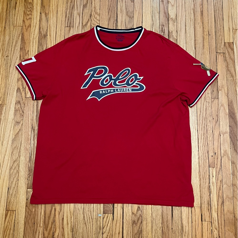 Polo Ralph Lauren Retro Cursive XXL Bear Baseball 67 Vtg Red Shirt Beach Sport
